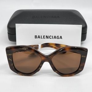 BALENCIAGA Geometrical Sunglasses Logo Print Havana Brown/Brown Lens